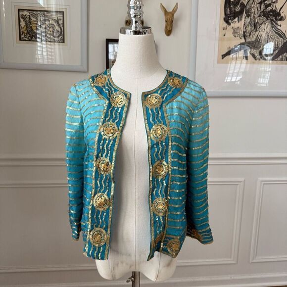 Trina Turk Turquoise Blue 100% Silk Gold Sequin Bolero Jacket 0 XS S - Picture 1 of 10